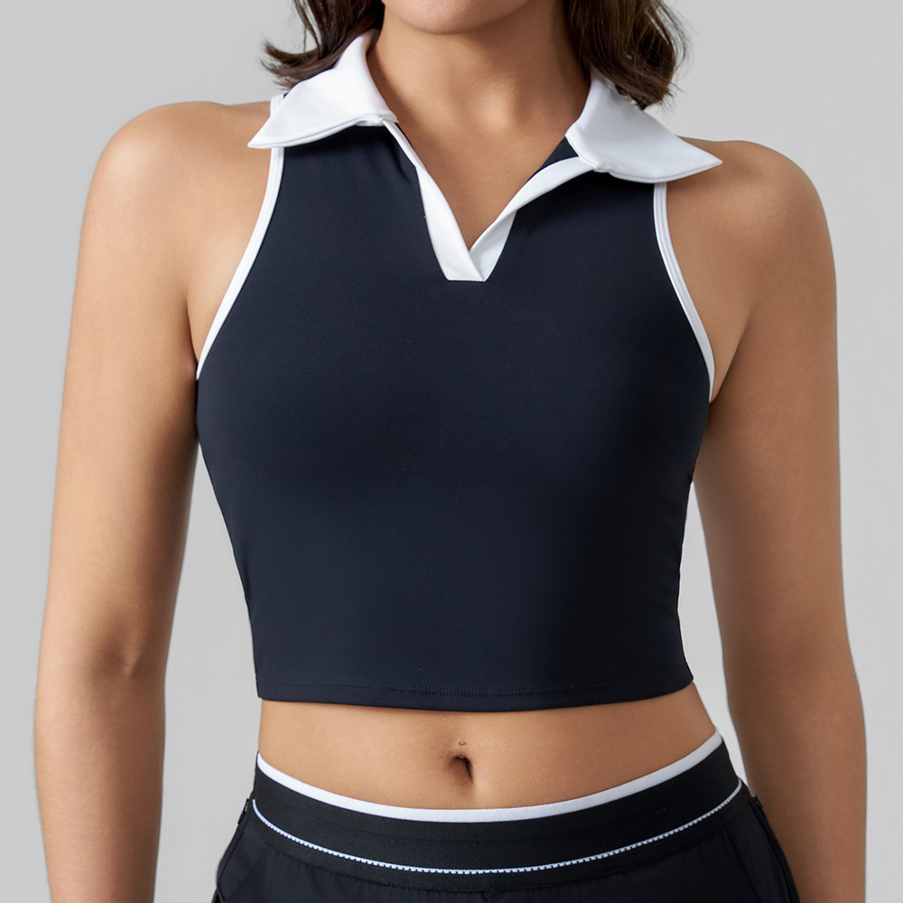 Polo-Collar Sleeveless Sports Crop Top